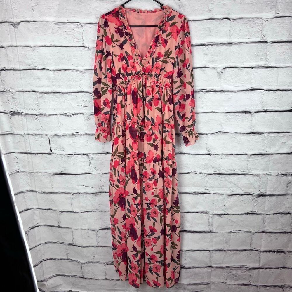 Pink Floral Maxi Dress Small Boho Long Sleeve Tiered Romantic Cottagecore - Picture 2 of 9